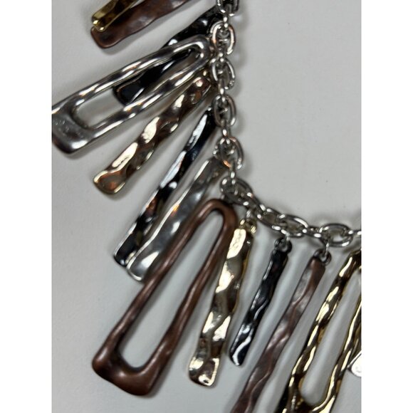 Mixed Metal Statement Necklace With Hammered Geometric Pendants & Lobster Clasp - Picture 5 of 8